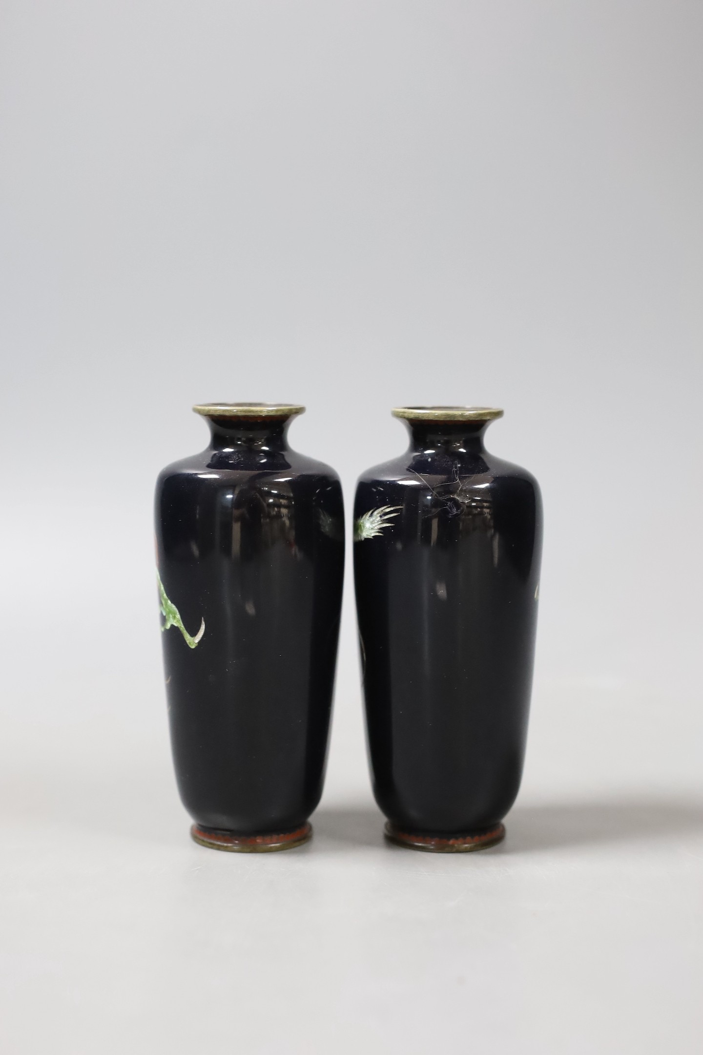 A pair of Japanese cloisonné and ginbari enamel ‘dragon’ vases, 11.5 cm